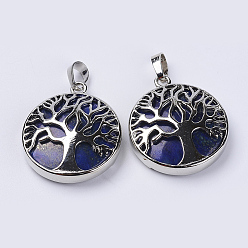 Lapis Lazuli Natural Lapis Lazuli Pendants, with Platinum Plated Brass Findings, Flat Round with Tree of Life, 31x27x8mm, Hole: 3.5x7mm