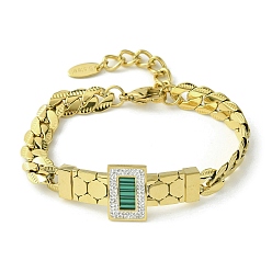 Golden Green Synthetic Turquoise & Cubic Zirconia Rectangle Link Bracelet, with 304 Stainless Steel Chains, Golden, 7-1/8 inch(18cm)