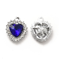 Blue Alloy Glass Pendants, Crystal Rhinestone Heart Charm, Platinum, Blue, 19x16x5.8mm, Hole: 2mm