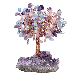 Aquamarine Natural Aquamarine & Amethyst & Rose Quartz Chips Tree of Life Decorations, Rough Raw Amethyst Base with Copper Wire Feng Shui Energy Stone Gift for Women Men Meditation, 89~101x114~152mm