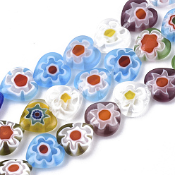 Mixed Color Handmade Millefiori Glass Bead Strands, Heart, Mixed Color, 8x8x3mm, Hole: 1mm, about 48pcs/strand, 13.58 inch