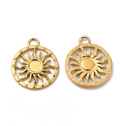 Real 18K Gold Plated Ion Plating(IP) 304 Stainless Steel Pendant Cabochon Settings, Flat Round with Sun, Real 18K Gold Plated, Tray: 3mm, 15x12.5x1mm, Hole: 1.6mm