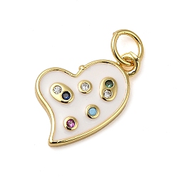 White Rack Plating Brass Pendants, with Enamel and Cubic Zirconia, Lead Free & Cadmium Free, Real 18K Gold Plated, Heart, White, 16x10x1.5mm