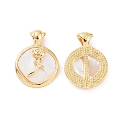 Real 18K Gold Plated Brass Shell Pendants, Flat Round with Rose Charms, Real 18K Gold Plated, 21.5x15.5x4.3~4.5mm, Hole: 3.8x2.4mm