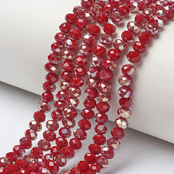 FireBrick Electroplate Opaque Solid Color Glass Beads Strands, Half Plated, Rainbow Plated, Faceted, Rondelle, FireBrick, 6x5mm, Hole: 1mm, about 85~88pcs/strand, 16.1~16.5 inch(41~42cm)