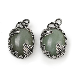 Зеленый Авантюрин Естественный зеленый авантюрин подвески, овальные подвески с латунной оправой, античное серебро, 30.5~31x21~21.5x8~8.5 мм, отверстие : 5.5 мм