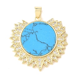 Synthetic Turquoise Dyed Synthetic Turquoise Pendants, Brass Micro Pave Clear Cubic Zirconia Sun Bezeled Charms, Rack Plating, Long-Lasting Plated, Lead Free & Cadmium Free, Real 18K Gold Plated, 33x34x2.5mm, Hole: 6x4mm