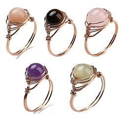 Mixed Stone Natural Mixed Stone Round Finger Ring, Rack Plating Rose Gold Brass Wire Wrap Ring, Inner Diameter: 20mm