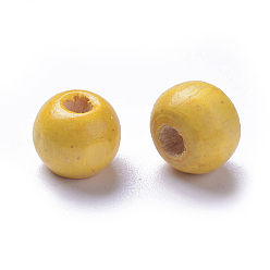 Jaune Perles de bois naturel teintes, ronde, sans plomb, jaune, 10x9mm, trou: 3 mm, environ 3000 pcs / 1000 g