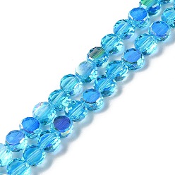 Deep Sky Blue Transparent Electroplate Glass Beads Strands, AB Color, Faceted Flat Round, Deep Sky Blue, 6x3mm, Hole: 1.2mm, about 98~100pcs/strand, 20.08''~20.87''(51~53cm)
