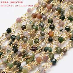 Настоящее золото 18K Ограненные круглые цепочки из бисера ручной работы из натурального мохового агата, несварные, с 304 фурнитурой из нержавеющей стали, реальный 18 k позолоченный, 14.5x4 мм, около 32.8 футов (10 м) / рулон