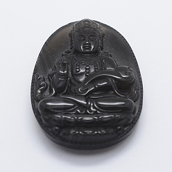 Obsidian Carved Natural Obsidian Big Pendants, Buddha, 51x35x10.5mm, Hole: 1.5mm