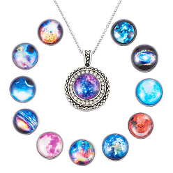 Mixed Color SUNNYCLUE DIY Necklace Making, with Stainless Steel Cable Chain Necklaces, Alloy Pendant Makings for Snap Buttons and Brass Glass Snap Buttons, Mixed Color, 47x34x5mm, Hole: 6mm