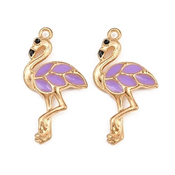 Purple Alloy with Enamel Pendants, Flamingo Shape Charms, Light Gold, Purple, 29.5x16x3mm, Hole: 1.6mm