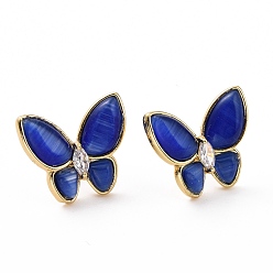 Medium Blue Cat Eye Butterfly Stud Earrings with Clear Cubic Zirconia, Real 18K Gold Plated Brass Jewelry for Women, Cadmium Free & Lead Free, Medium Blue, 15x17.5mm, Pin: 0.7mm