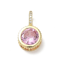 Pink Brass Pave Cubic Zirconia Pendants, Flat Round Charms, Long-Lasting Plated, Rack Plating, Lead Free & Cadmium Free, Real 18K Gold Plated, Pink, 21x12x7.8mm, Hole: 5x7mm