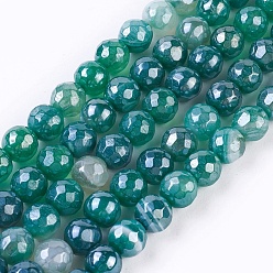 Green Natural Striped Agate/Banded Agate Beads Strands, Pearl Luster Plated, Faceted, Round, Green, 6mm, Hole: 0.8mm, about 62pcs/strand, 15.35 inch(39cm)