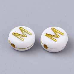 Letter M Plating Acrylic Beads, Golden Metal Enlaced, Horizontal Hole, Flat Round with Alphabet, White, Letter.M, 7x3.5mm, Hole: 1.2mm, about 3600pcs/500g