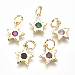 Mixed Color Brass Micro Pave Cubic Zirconia Charms, with Jump Ring, Long-Lasting Plated, Star, Real 18K Gold Plated, Mixed Color, 10x9x2mm, Hole: 3mm