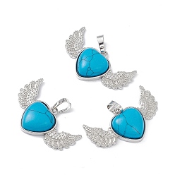 Synthetic Turquoise Synthetic Turquoise Pendants, Heart Charms with Wing, with Platinum Tone Brass Findings, 22x37.5x7mm, Hole: 7.5x5mm