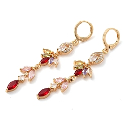 Colorful Rack Plating Golden Brass Dangle Leverback Earrings, with Cubic Zirconia, Leaf, Colorful, 62x13mm