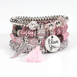 HY-2594-1 Pink Bohemian Style Multi-layered Bracelet with Wing Element and Bodhi Beads for Women