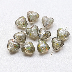 Dark Khaki Handmade Lampwork Beads, with Silver Foil, Heart, Dark Khaki, 15x14mm