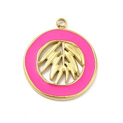 Deep Pink 304 Stainless Steel Enamel Pendants, Golden, Flat Round with Leaf Charm, Deep Pink, 18x16x1mm, Hole: 1.6mm