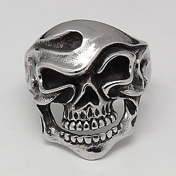 Stainless Steel Color Cool Halloween Jewelry Skull Rings for Men, 304 Stainless Steel Wide Rings, Stainless Steel Color, 17~23mm