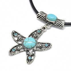 Sky Blue Alloy Rhinestone Pendant Necklaces, with Turquoise and Waxed Cord, Starfish/Sea Stars, Sky Blue, 17.3 inch~17.3 inch(44~45cm), 2mm