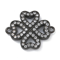 Черный Цвет Металла Стойка покрытие латунь микропаве прозрачный кубический цирконий клевер соединительные подвески, долговечный, без свинца и без кадмия, металлический черный , 16x19.5x2.5 мм, отверстие : 1.2 мм
