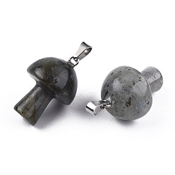 Labradorite Natural Labradorite Pendants, with Stainless Steel Snap On Bails, Mushroom Shaped, 24~25x16mm, Hole: 5x3mm