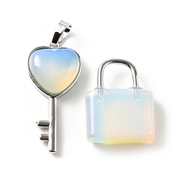 Опал Opalite подвески, с латунной фурнитурой платинового цвета, Ключ и замок, 27~36.5x17~19.5x6.5~7 мм, отверстие : 8~9x5~9 мм
