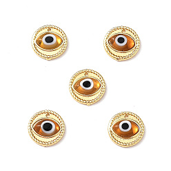 Goldenrod Handmade Lampwork Evil Eye Pendants, with Real 18K Gold Plated Brass Findings, Lead Free & Cadmium free, Flat Round Charm, Goldenrod, 14.5x4mm, Hole: 1mm