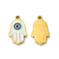 Golden Ion Plating(IP) 304 Stainless Steel Manual Polishing Charms, with Enamel, Hamsa Hand/Hand of Miriam with Evil Eye, Golden, 11.5x7x1.5mm, Hole: 1.2mm
