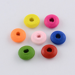 Mixed Color Dyed Natural Wood Beads, Flat Round, Mixed Color, 10x4mm, Hole: 3mm, about 3571pcs/500g