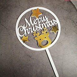 White Acrylic Mirror Cake Toppers, Cake Inserted Cards, Christmas Themed Decorations, Flat Round with Word Merry Christmas & Reindeer/Stag, White, 110x1.8mm