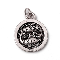 Pisces Brass Pendants, with Jump Rings, Long-Lasting Plated, Flat Round with 12 Constellation/Zodiac Sign, Antique Silver, Pisces, 18.5x15x2mm, Jump Ring: 5x0.7mm, Inner Diameter: 3.6mm