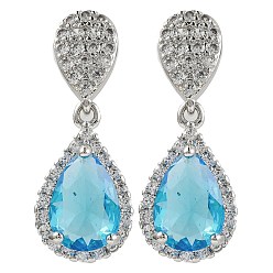 Светло-Голубой Серьги-гвоздики из латуни с микропаве и кубическим цирконием, покрытие стойки, слеза, Небесно-голубой, 24x10 мм