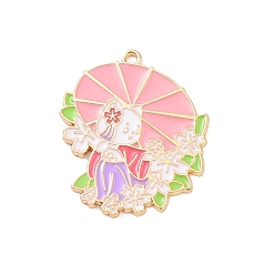 Pink Подвески из эмали и сплава, золотые, кошка с зонтиком, розовые, 32.5x28x1.5 мм, отверстие : 2 мм