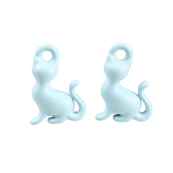 Sky Blue Spray Painted Alloy Charms, Cat Shape Charms, Cadmium Free & Nickel Free & Lead Free, Sky Blue, 15x10x5mm, Hole: 1.8mm