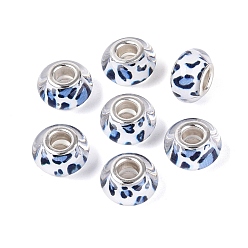 Cornflower Blue Opaque Resin European Beads, Large Hole Beads, Rondelle & Leopard Pattern, with Silver Color Plated Brass Cores, Cornflower Blue, 13.5~14x8~9mm, Hole: 4.5~5mm