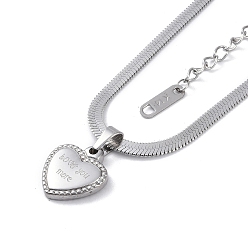 Stainless Steel Color Ion Plating(IP) 304 Stainless Steel Snake Chain Necklaces, Heart with Word Pendant Necklaces for Women, Stainless Steel Color, 16.14 inch(41cm)