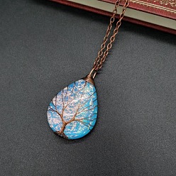 Deep Sky Blue Teardrop with Tree Resin Pendant Necklace, Red Copper Copper Wire Wrapped Necklace, Deep Sky Blue, 20.47 inch(52cm)