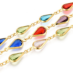 (52) Непрозрачная лаванда Латунные цепочки с каплевидными звеньями, со стеклом, пайки, с катушкой, долговечный, золотые, разноцветные, 16.5x7x2.5~3 мм, около 32.81 футов (10 м) / рулон