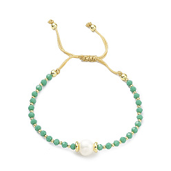 Medium Aquamarine Adjustable Pearl & Glass & Brass Braided Beaded Bracelet for Women, Medium Aquamarine, Inner Diameter: 1-7/8~2-7/8 inch(4.8~7.3cm)