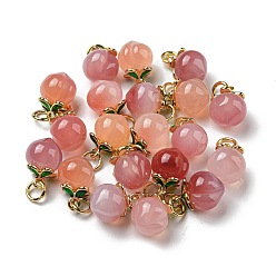 Real 18K Gold Plated Natural Agate Peach Charms with Brass Jump Rings, Real 18K Gold Plated, 13x9x9mm, Hole: 3mm