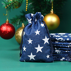 Marine Blue Christmas Theme Linenette Drawstring Bags, Rectangle with Star Pattern, Marine Blue, 18x13cm