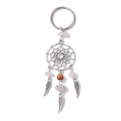 Rose Quartz Woven Web/Net with Wing Alloy Pendant Keychain, with Natural Rose Quartz Chips and Iron Split Key Rings, 11cm
