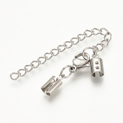 Stainless Steel Color 304 Stainless Steel Chain Extender, Soldered, with Folding Crimp Ends, Stainless Steel Color, 35mm long, Lobster: 10x7x3.5mm, Cord End: 10x3x3mm, 2mm Inner Diameter, Chain Extenders: 48~50mm